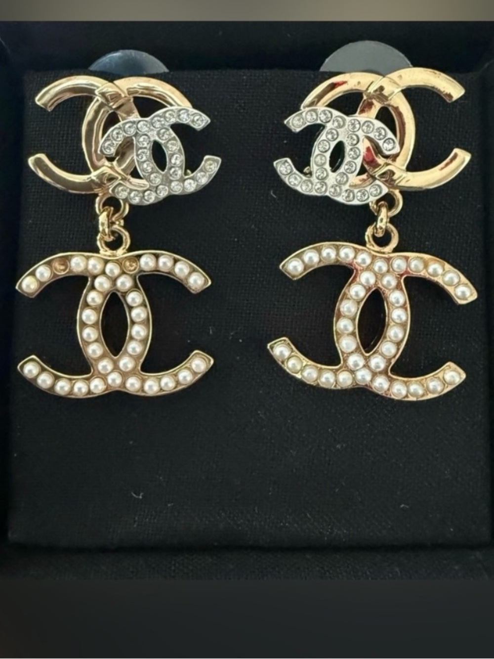 ChaneI  Triple Logo Faux Pearl Gold Tone Rhinestone Drop Dangle Earrings